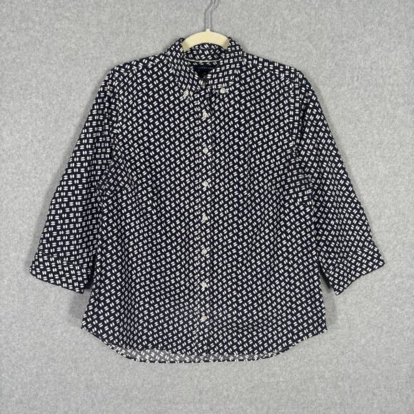 Lands End Shirt 10 Navy White Button Cotton‎ Stretch Sailor Career Office Casual - Picture 2 of 12